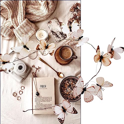 Artificial Butterfly Garland, Fake Butterfly Decorative Vines, DIY 3D Unique Butterfly Hanging Decor for Home Wall Easter Spring Flowers Party Wedding Arch Shopping (White Brown) - color: White Brown
