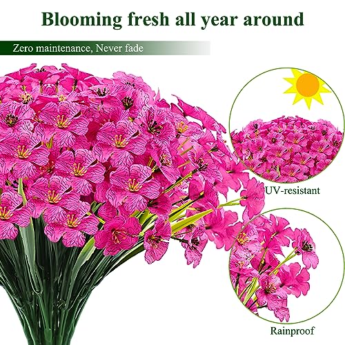 Kinisty 20 Bundles Outdoor Artificial Flowers UV Resistant with Faux Silk Flowers and No Fade Fake Plastic Plants for Spring Summer Outside Planters Porch Window Box Garden Decor, Fuchsia - color: Rose Red