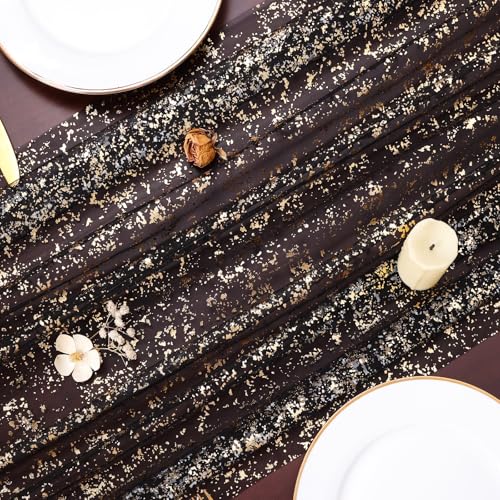 10FT Black Gold Gauze Table Runner Sheer Glitter Metallic Foil Tulle Table Runner 120 Inch Sequin Kitchen Dining Birthday Wedding Christmas Halloween Home Decor for Party - color: Black Gold, size: 10 ft × 1 pc