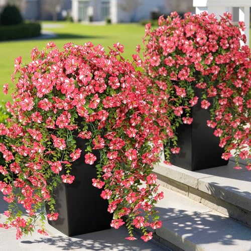 GLIDLION 4 PCS Artificial Morning Glory & Eucalyptus for Outside, Realistic Sun Resistant Fake Silk Hang Flower Faux Eucalyptus Leave for Patio Farmhouse Garden Porches Balcony Decor (Rose Red) - color: Rose Red