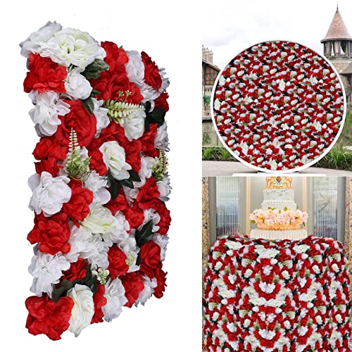 12 Pcs Artificial Flowers Wall Romantic Flower Wall for Background Decoration Silk Flower Roses Wall Panel Hanging Wedding Venue Main Road Decor Silk Flower Panels for Photo Backdrop (Red+White)