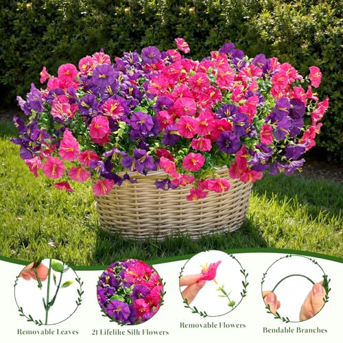 Alupssuc 24 Bundles Artificial Flowers for Outdoors, Faux Spring Flowers for Decoration, UV Resistant Silk Morning Glory with Eucalyptus Realistic Fake Flowers for Yard Planter Porch, Purple Fuchsia - color: Deeppurple & Fuchsia