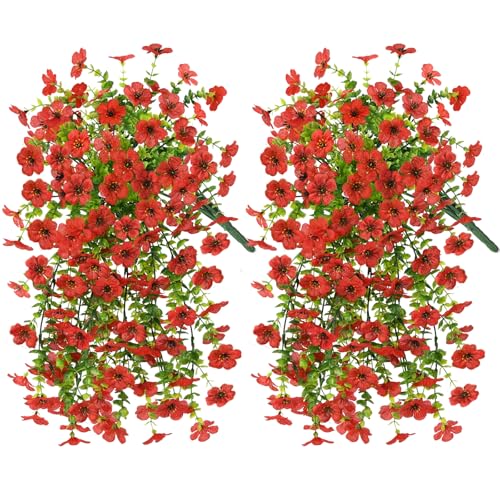 INQCMY 2Pcs Artificial Fake Hanging Flowers for Outdoors UV Resistant Artificial Plants for Spring Summer Decor Look Real Faux Flowers for Outside Home Planter Porch Patio Decor - color: Red