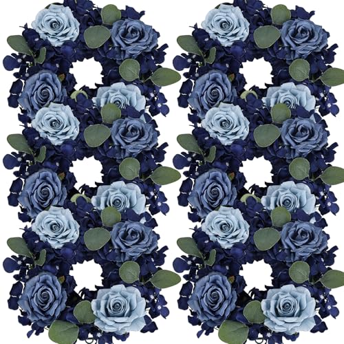 Artificial Flower Candle Rings - 6 Inch Inner Rose Floral Wreaths for Wedding Bridal Event Table Centerpieces Backdrop Decorations (Navy Blue, 6 X Candle Rings) - color: Navy Blue, size: 6 X Floral Wreaths