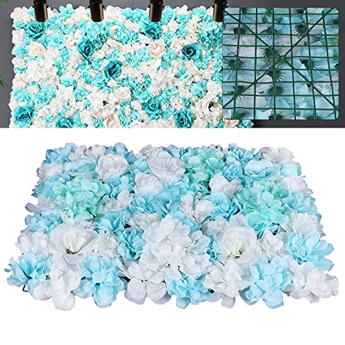 DNYSYSJ Flower Wall 12PCS 23.62" x 15.75" x 0.79" Blue & White Hydrangea Artificial Rose Flowers Panel Silk Fabric Wall Mat Floral Backdrop with Stand Blue 2D for Garden Patio Wedding Stage Decor - color: Blue and White, size: 12 pieces