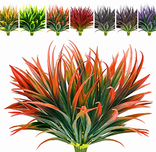 8 Pcs Outdoor Fake Plants UV Resistant Artificial Tall Grass Plants Faux Tropical Flowers Bushes Décor Fall Winter Summer Planters Patio Front Door Porch Plastic Greenery & Shrubs Decoration - color: Red, size: 8pcs