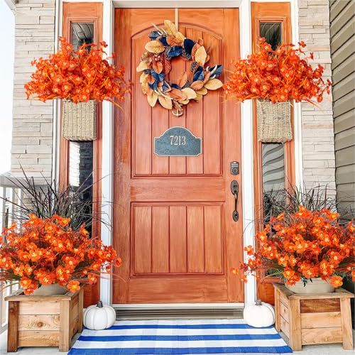 Grunyia 20 Bundles Artificial Fall Flowers Outdoor,No Fade Fake Plastic Flowers,Faux Autumn Plants for Indoor Outside Garden Porch Window Box Home Wedding (Fall Red) - color: Fall Red