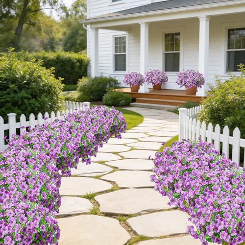 Artificial Outdoor Flowers 16 Bundles UV Resistant Fake Mums Flowers Plants for Decoration Indoor Outdoor Window Box Hanging Planter Home Porch Decor Plastic Faux Flowers (Purple) - color: Purple