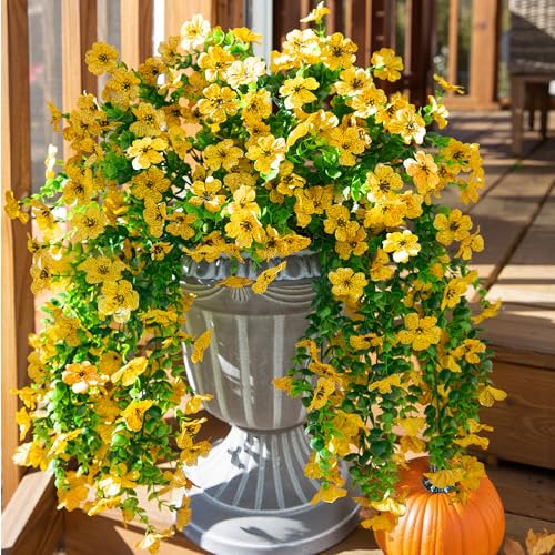 INSPRING Artificial Flowers Fall Faux Outdoor Outside Plants, 2 PCS Fake Silk UV Resistant Look Real Yellow Daisy Trailing Vines for Front Door Porch Planter Urn Patio Balcony Decoration - color: Yellow