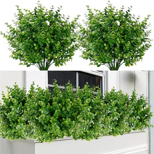 Sggvecsy Artificial Flowers for Outdoors 24 Bundles UV Resistant Boxwood Shrubs Artificial Eucalyptus Fake Plants Faux Plastic Greenery for Farmhouse Garden Indoor Outdoor Home Wedding Decoration - size: 24 Bundles