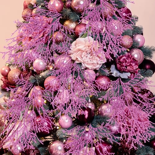 Winlyn 15 Pcs Pink Cedar Glitter Sprays Picks Christmas Floral Picks Artificial Cedar Branches Stems Pink Christmas Tree Picks for Wedding Bouquet Wreath Supply Floral Arrangement Holiday Decor - color: Pink