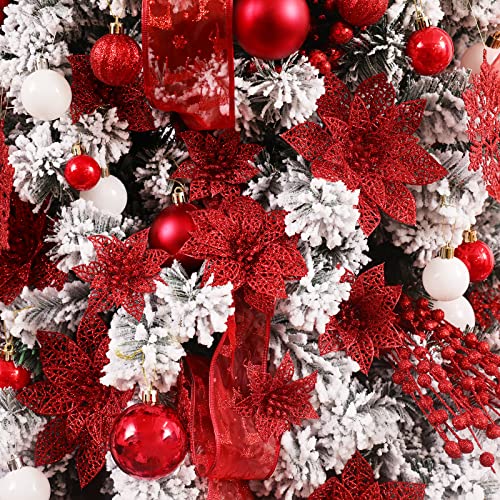 Wironlst 24 Pieces Glitter Poinsettia Flowers Christmas Tree Ornaments, Glitzy Poinsettia Bushes Christmas Decorations for Xmas/Holiday/Seasonal/Wedding (Red) - color: Red
