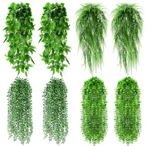 Daifunli 8 Pcs Artificial Hanging Plants Fake Hanging Ferns Plastic Faux Plants for Wall Room Garden Garland Indoor Outdoor Decor No Basket (Boston,Eucalyptus,Ivy Vine,String of Pearls) - style: Boston, Eucalyptus, Ivy Vine, String of Pearls