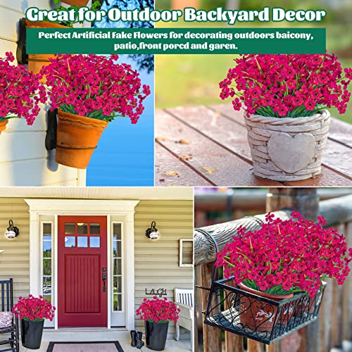 Lnoicy 12 Pcs Artificial Flowers for Outdoor,Plastic Flowers Decoration, UV Resistant Faux Flowers Shrubs, Artificial Plants for Indoor Outside Garden Home Wedding Farmhouse（Rose Red） - color: Rose Red, size: 12