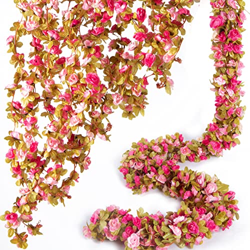 PONKING 8 Pcs x 8.2 ft Flower Garland Artificial Rose Vine Flowers with Green Leaves Hanging Fake Roses Vine for Room Party Home Wedding Birthday Christmas Wall Arch Decor, Fall Purple Flower - color: Fall-purple-8pcs, size: 8 Vines 66FT