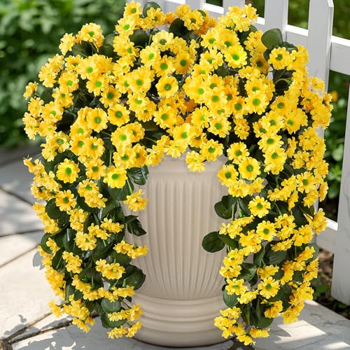 Artificial Fall Hanging Flowers Plants for Decoration 2 PCS Silk Fake Faux Mums for Outdoor Planters Long Vines Stems Bouquet Daisy UV Resistant for Wall Home Porch Patio Balcony Front Door Décor - color: B-yellow