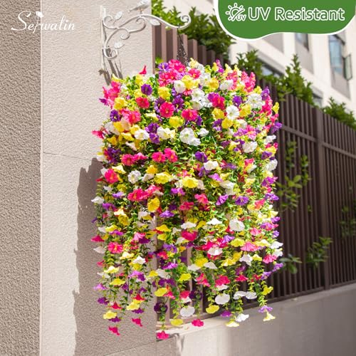 Serwalin Artificial Hanging Flowers for Outdoors UV Resistant, 4PCS Faux Morning Glory Fake Outdoor Flowers Realistic Silk Flower Plants for Outside Planter Front Door Porch Patio Yard Decor - color: A Summer Color