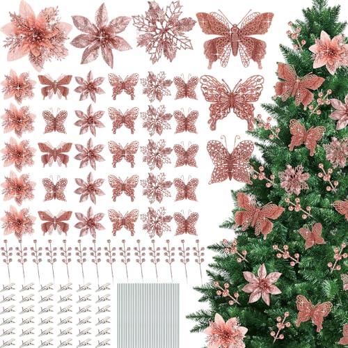 Thiccywoov 122 Pcs Christmas Glitter Poinsettia Artificial Flowers Berry Picks Butterfly Christmas Tree Ornaments 3 Styles Poinsettia kit with Clip for Xmas Wreath Home Tree Decor(Rose Gold) - color: Rose Gold