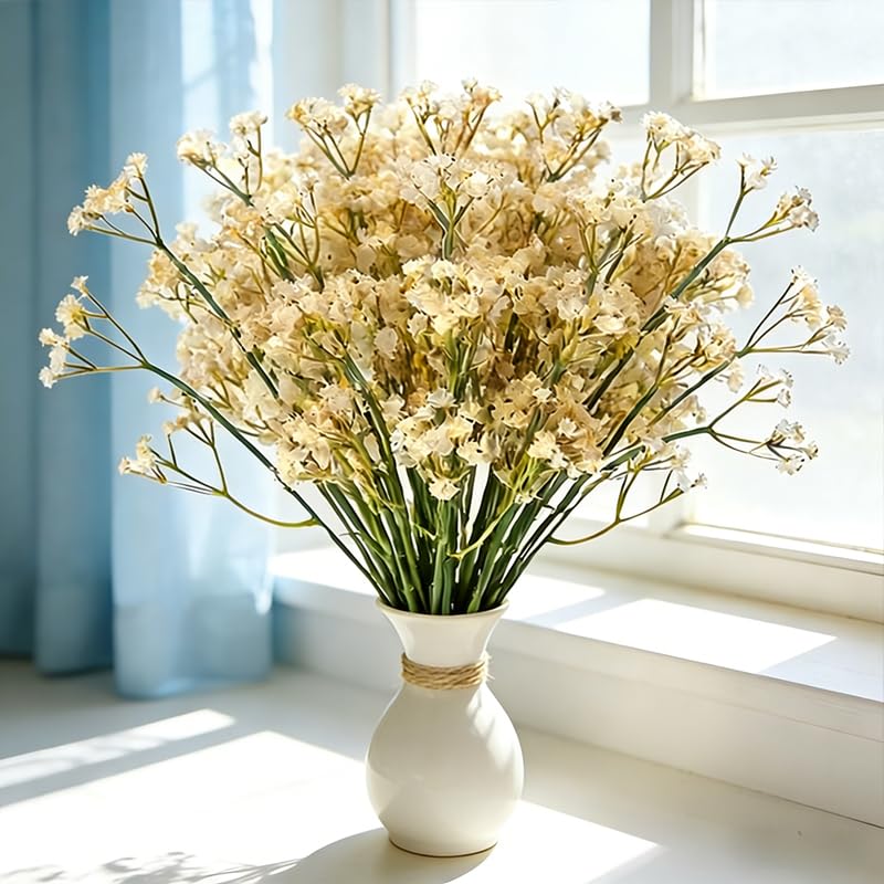 10 Pcs Babys Breath Champagne Artificial Flowers, Real Touch Gypsophila Fake Flowers for Wedding, Home Decor, Vase Filler, Table Centerpieces, Party Decorations - color: 10pcs Champagne