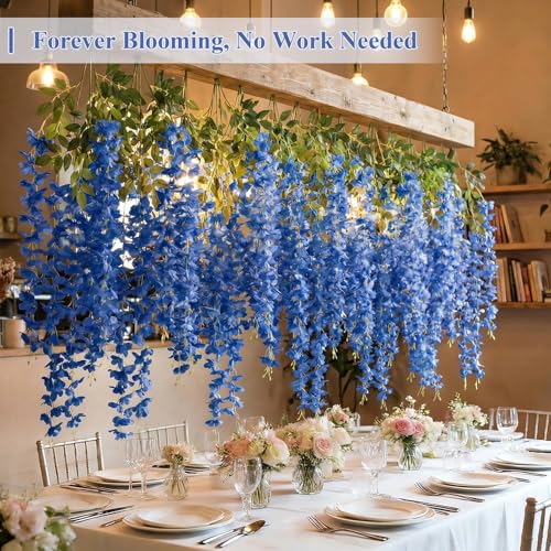 U'Artlines 24 Pack (Total 86.4 Feet) Artificial Fake Wisteria Vine Rattan Hanging Garland Silk Flowers String Home Party Wedding Decor (24, Navy Blue) - color: Navy Blue