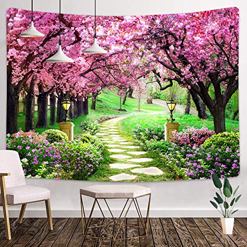 MEETSIOY Cherry Blossom Path Tapestry 80x60 Inches Park Bench Scenery Tapestry for Children Adults Room Decoration Living Room Bedroom Dormitory Wall Hanging GTLSMT45 - color: no window pattern, size: 80"L x 60"W