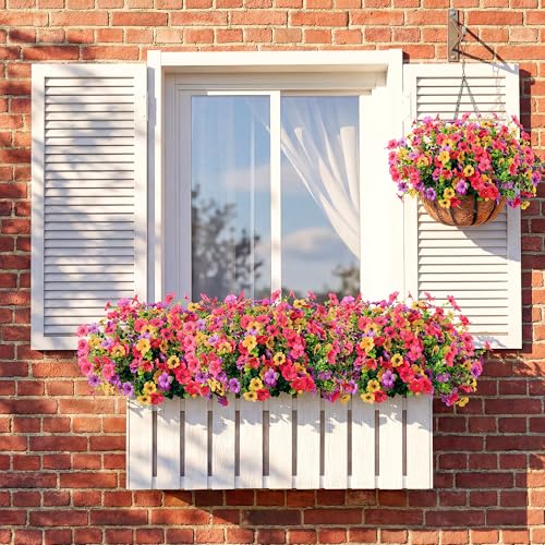 Artificial Flowers for Outdoors, Faux Plants 12 Bundles Silk Colorful Fake Flowers Eucalyptus Realistic UV Resistant for Outside Home Planter Porch Patio Yard Decor (12, Hot pink Purple Yellow) - color: Hot Pink Purple Yellow