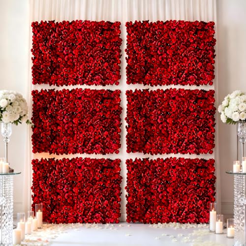 Flower Wall Panel Backdrop: 6 Pcs 24 x 16 Inch Red Artificial Hydrangea Floral Panels - color: Red, size: 6 PCS