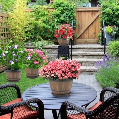 8-inch-Plant-Pots-Indoor-Outdoor, 4 Pack Whiskey Barrel Planters with Drainage Holes & Saucer, Plastic Flower Pots Imitation Wine Barrel Design, Decorative Garden Pots for Plants - color: Whiskey, size: 8-inch
