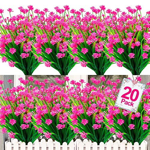 TURNMEON 20 Bundles Artificial Flowers for Outdoors, Summer Spring Grass Camellia Fake Flowers Plastic Plants, UV Resistant No Fade Faux Greenery for Gardens Porch Yards Cemetery Decor 500 Heads(Pink) - color: Pink, size: 20 Bundles