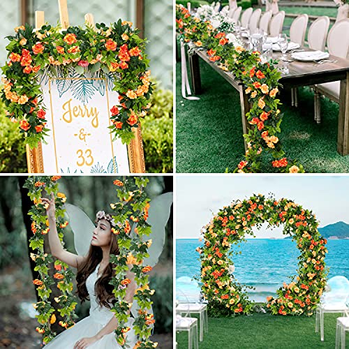 JUSTOYOU 2 Pack (15.8FT) Fake Rose Garland, Artificial Rose Vines Flowers Hanging Silk Rose Vine Wedding Home Backdrop Party Arch Arrangement Decoration - color: Sunset Red