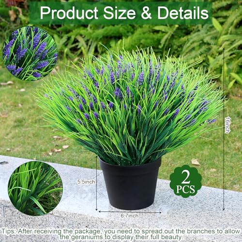 Potted Artificial Plants for Outdoor - 2 Sets Pre-Made Faux Lavender Grass in Pots Large UV Resistant Look Real for Gardens Yards Patios Paths Home Outdoor Decor - color: Lavender