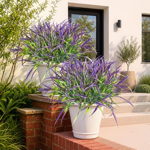 Uieke 12 Bundles Artificial Outdoor Plants UV Resistant Fake Grass Plants Faux Plastic Plants Greenery Shrubs for Home Garden Pathway Window Box Front Porch Cemetery Spring Summer Decor, Purple - color: Purple, size: 12