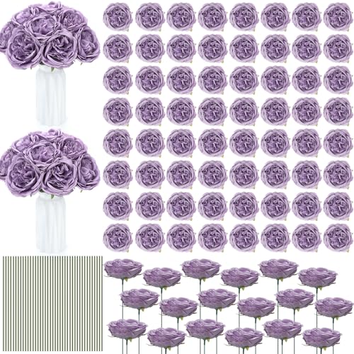 Suncalla 80 Pack Austin Rose Peonies, 3.94 Inch Artificial Flowers Heads Bulk with Stems Leaves for Arrangement Wedding Centerpiece Banquets Party Home Kitchen Decor DIY(Purple) - color: Purple