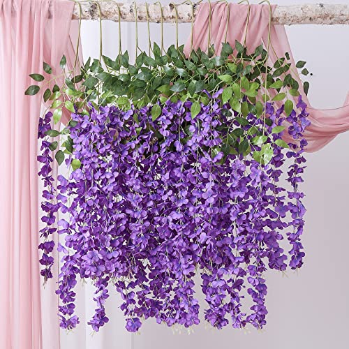 Duovlo 12 Piece Artificial Silk Wisteria Vine 3.6 Feet Ratta Hanging Flower Garland String Home Party Wedding Decor(Purple) - color: Purple