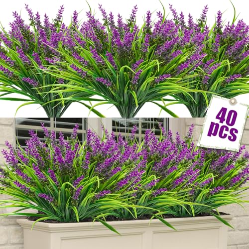 40 Bundles Artificial Plants Outdoor Fake Monkey Grass with Lavender Flowers Plastic UV Resistant Greenery Plant Shrubs for Window Box Porch Garden Patio Outdoor Decor - color: Fushia