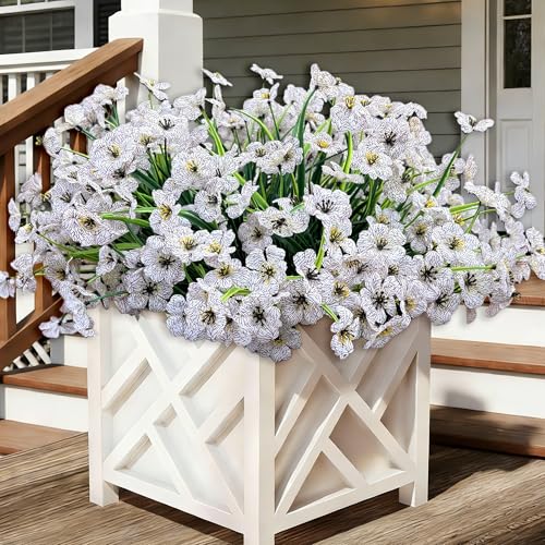 20 Bundles Artificial Flowers for Outdoors, UV Resistant Fake Flowers with Plastic Plants For Outside, Faux Silk Flowers for Planter outdoor, Fake Realistic Flower for Planters Window Box Decor-White - color: White