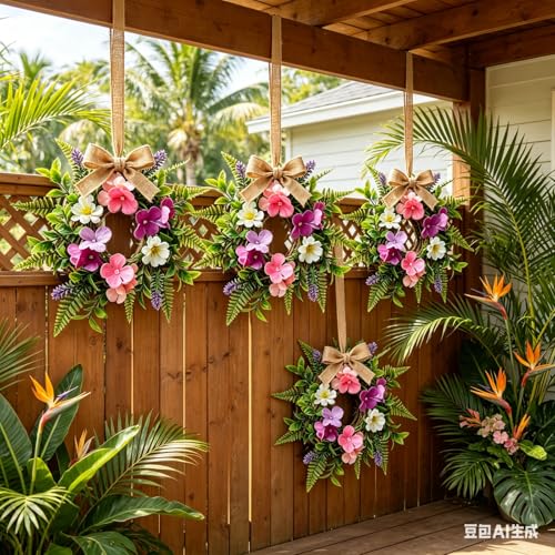 6 Pcs Summer Tropical Mini Hanging Wreaths for Cabinets Artificial Hibiscus Flowers Small Candle Ring Wreaths with Fern Fronds for Home Kitchen Front Door Window Farmhouse Porch Wall Hanging Decor - color: Tropical Flowers