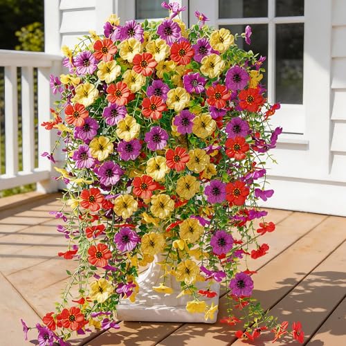 AGIRL 6 Bundles Artificial Flowers for Outdoors,Faux Silk Flowers with Leaves for Spring Summer Decoration,UV Resistant Silk Fake Hanging Flowers for Garden,Patio,Porch,Yard,Farmhouse Decor - color: Red Yellow Purple