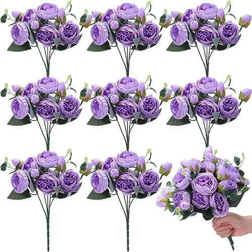 Yunsailing 8 Pack Artificial Peony Flowers Faux Silk Hydrangea Bouquet Wedding Home Table Decor Reusable Bouquet of Rose Flower for Birthday Wedding(Purple) - color: Purple, style: Peony