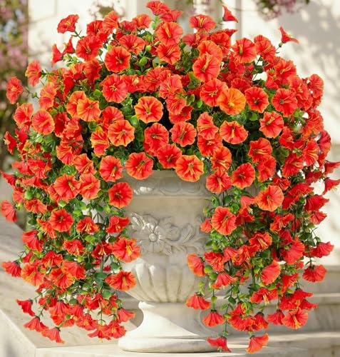 Ivydale 2 PCS Artificial Fall Hanging Flowers Fake Plants Outdoor,Silk Morning Glory Faux Flowers with Eucalyptus,UV Resistant Realistic Petunias Plants for Home Garden Decor (Orange(Leaves Green)) - color: Orange(leaves Green)