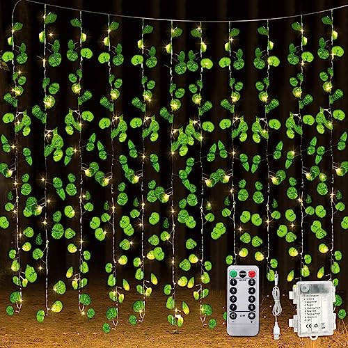 Unittype 15 Pcs 6.6 ft 300 LED Fake Ivy Vines with Lights for Bedroom String Fairy Light Curtain Artificial Hanging Vines Plant Garland with Light for Wall Outdoor Indoor Decor(Eucalyptus Leaf) - style: Eucalyptus Leaf