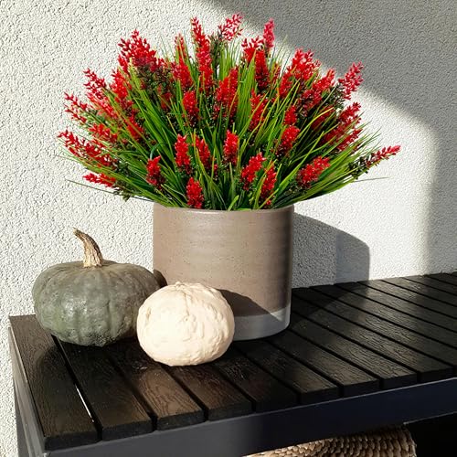12 Bundles Artificial Plants Outdoor Fake Monkey Grass, UV Resistant Faux Plants Outdoor Red Artificial Flowers,Fake Flowers Outside Plants for Front Porch Yard Pathway Garden Summer Décor (red) - color: Red