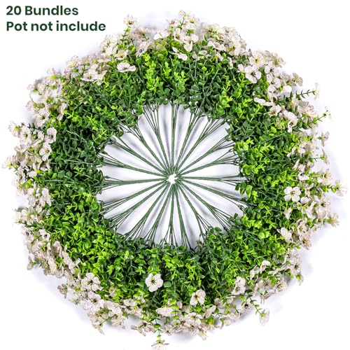 Lnoicy 20 Bundles Artificial Fake Flowers for Outdoor Faux Eucalyptus Flowers for Home Decoration,Fake Plants UV Resistant for Porch/Garden（White） - color: White