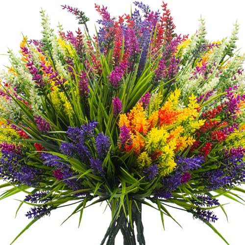 Grunyia Artificial Lavender Plants with Mixed Color Flowers, 20 Bundles, Outdoor Decorative Grass - color: 6 Color Mix