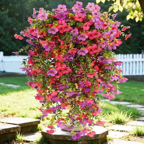 6 Bundles Artificial Flowers for Outdoors, UV Resistant Fake Hanging Flower, Realistic Silk Flowers for Indoor Outside Garden Patio Balcony Farmhouse Porch (Purple, Fuchsia) - color: Purple&fuchsia