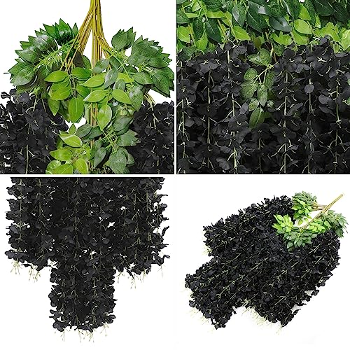 U'Artlines 24 Pack (Total 86.4 Feet) Artificial Fake Wisteria Vine Rattan Hanging Garland Silk Flowers String Home Party Wedding Decor (24, Black) - color: Black