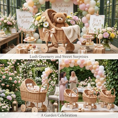 Vintage Wicker Baby Carriage Decor，Woven Rattan Stroller Flower Basket Cart for Wedding Centerpieces, Baby Shower Party Supplies & Nursery Floral Arrangement Props Floral Rustic Home Decor - color: Medium-1
