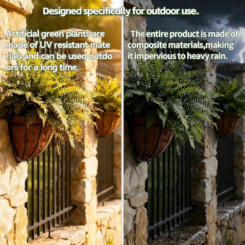 Faux Boston Fern with Hanging Basket – 18in Fake Hanging Fern, Lifelike Artificial Plants for Outdoors, Wall-Mount Décor for Porch, Patio, Balcony, or Garden (2, Green)