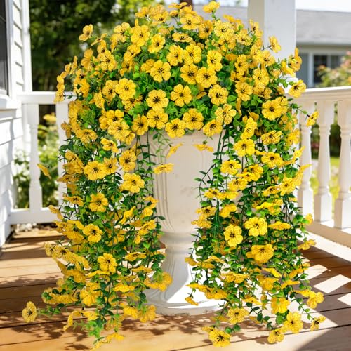 4 Pcs Artificial Hanging Flowers for Outdoor, Fake Silk Daisy Flowers Spring Summer Decoration UV Resistant Faux Plants for Planter Front Door Porch Patio Balcony Yard Decor, Yellow - color: Yellow