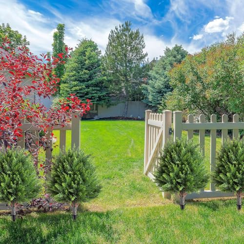 Canlierr 4 Pcs 21 Inch Artificial Cedar Topiary Ball Trees with Ground Spike, Cypress Plants UV Resistant Shrubs Fake Bushes for Outdoor Indoor Front Porch Garden Decor